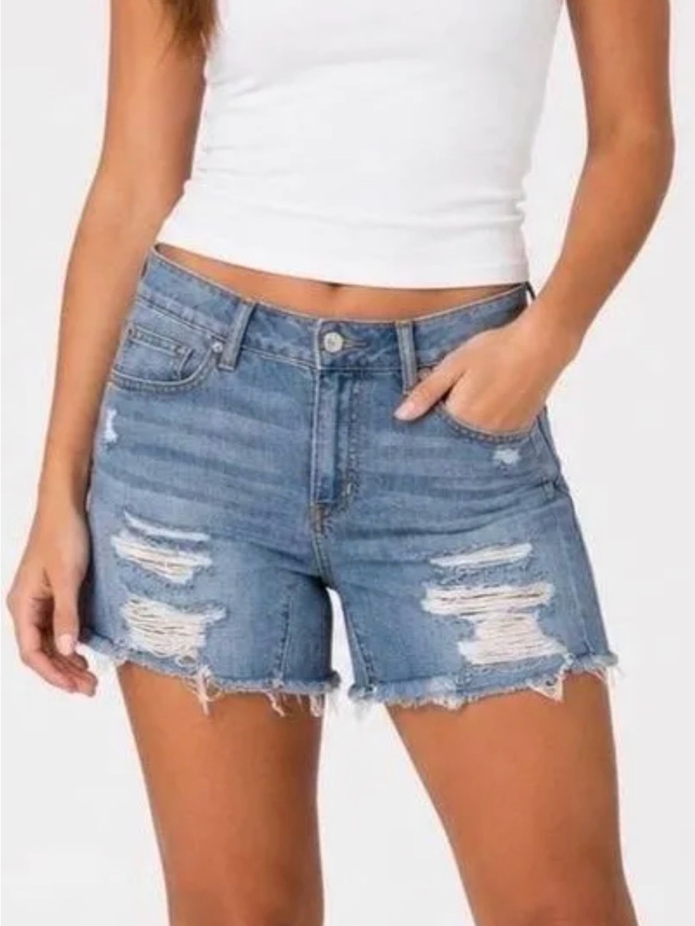 American Eagle Tomgirl Light Blue Distressed Denim Cutoff Shorts SZ 2